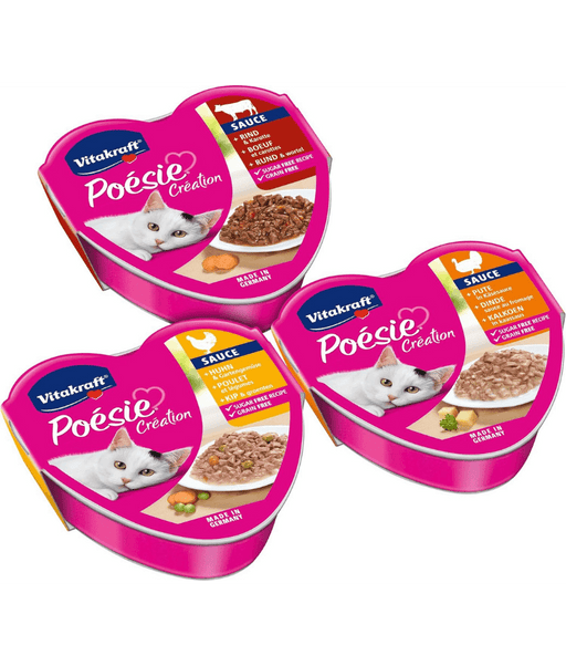 Vitakraft Poésie Création Multipack wet cat food variety pack with chicken, beef, and turkey in sauce - 510g.