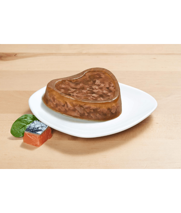 Vitakraft Poésie Création salmon and spinach jelly cat food for picky eaters served on a plate.