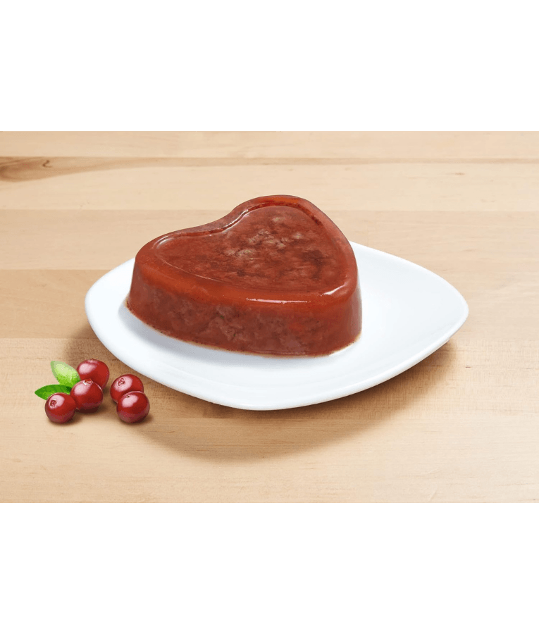 Vitakraft cat food for picky eaters in heart shape served on a plate with cranberries on the side.