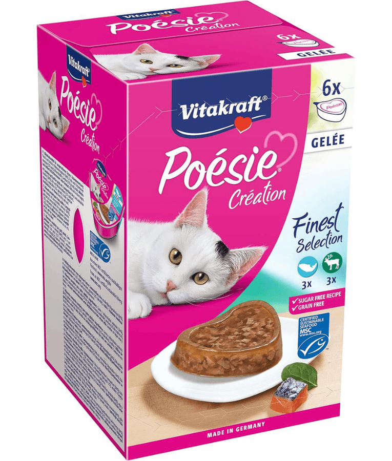 Vitakraft Poésie Création Multipack, cat food for picky eaters, salmon & spinach, game & cranberry, adult cat wet food.