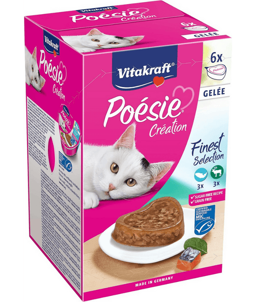 Vitakraft Poésie Création Multipack, cat food for picky eaters, salmon & spinach, game & cranberry, adult cat wet food.