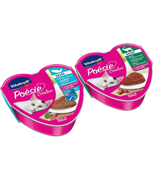 Vitakraft Poésie Création Multipack, gourmet cat food for picky eaters, salmon and game in jelly, 510g.