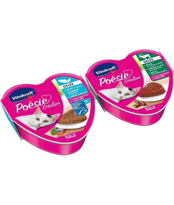 Vitakraft - Poésie Création Multipack, Salmon & Spinach in Jelly, Game & Cranberry in Jelly, Adult Cat Wet Food - 510g (6 x 85g)