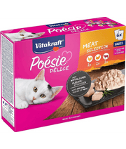 Vitakraft Poésie Délice Multipack adult wet cat food featuring chicken, turkey, beef, and sauce in a colorful box.