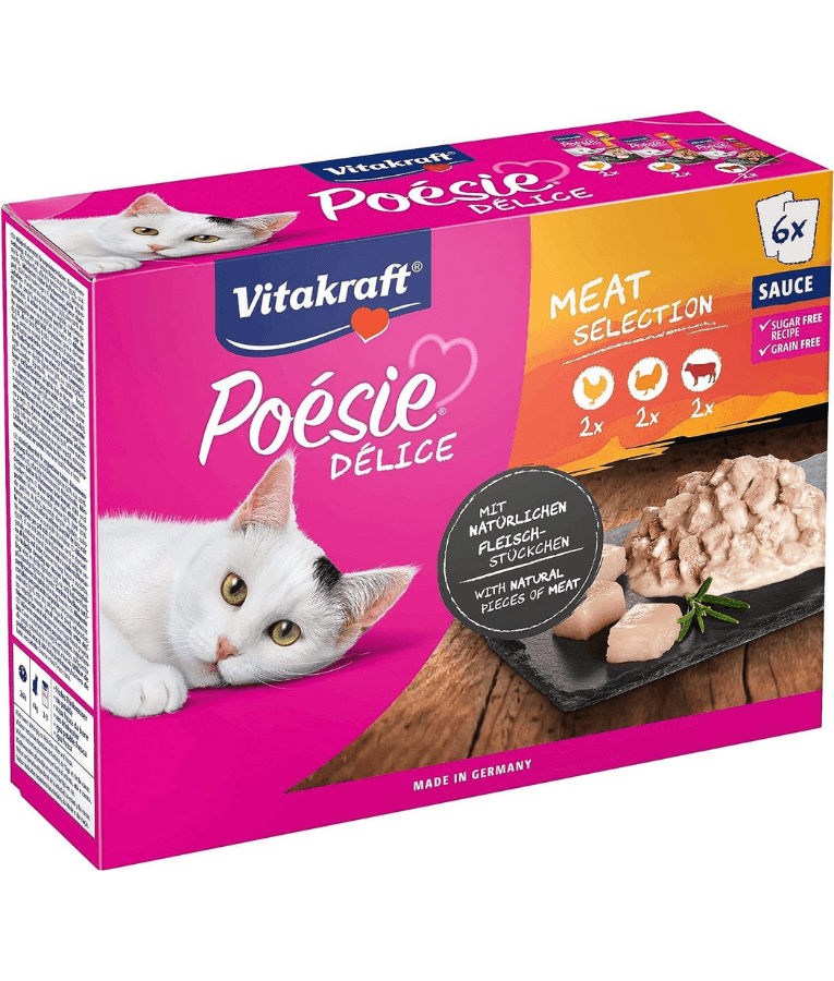 Vitakraft Poésie Délice Multipack adult wet cat food featuring chicken, turkey, beef, and sauce in a colorful box.