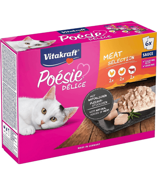 Vitakraft Poésie Délice Multipack adult wet cat food featuring chicken, turkey, beef, and sauce in a colorful box.