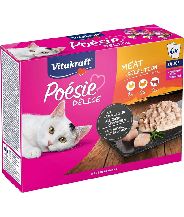 Vitakraft - Poésie Délice Multipack, Chicken Fillet, Turkey Breast & Beef in Sauce, Adult Wet Cat Food - 510g (6 x 85g)
