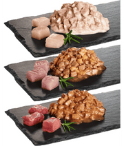 Tender pieces of chicken, turkey, and beef in sauce, showcasing Vitakraft adult wet cat food.