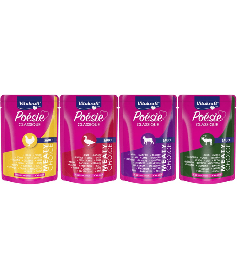 Vitakraft Poésie Classique Meaty Choice, high quality cat food multipack, chicken, lamb, duck, game flavors in sauce.