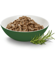 High quality cat food in a bowl with meat chunks and sauce, alongside fresh herbs for flavor.