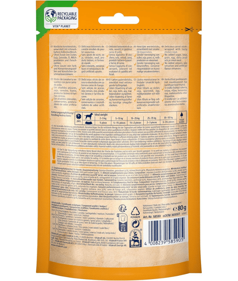 Vitakraft - Pure Chicken + Veggie Chicken & Carrot Sticks, Adult Dog Treat - 80 g