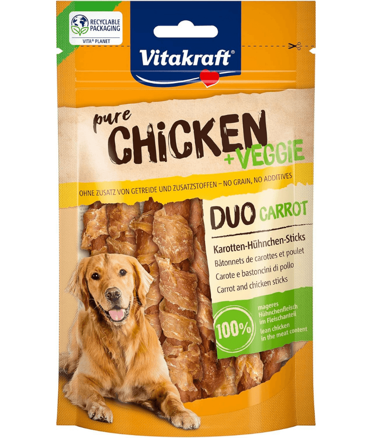 Vitakraft Pure Chicken + Veggie dog training treats, chicken and carrot sticks for adult dogs, 80 g pouch.