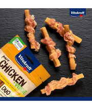 Vitakraft Pure Chicken + Veggie chicken and carrot sticks, ideal dog training treats for adult dogs.