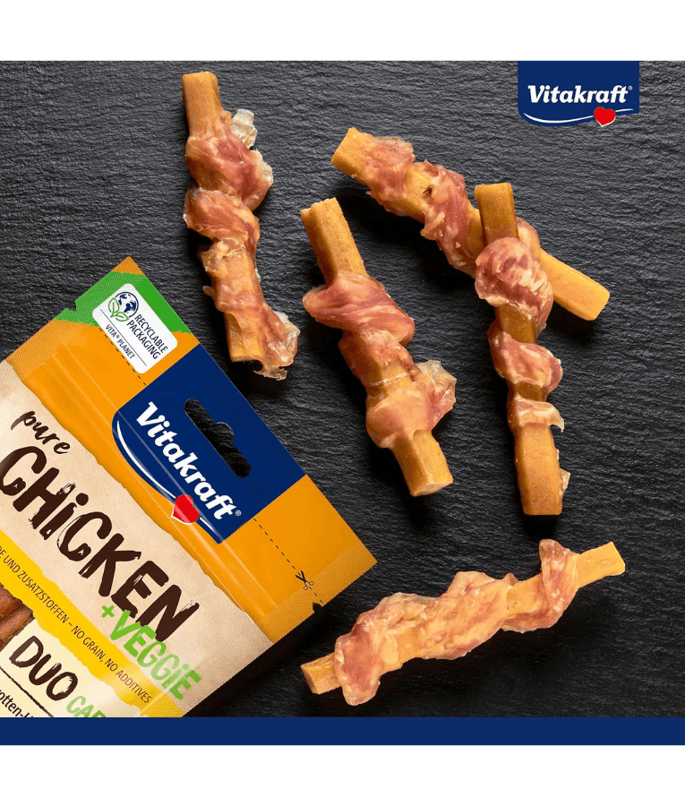 Vitakraft Pure Chicken + Veggie chicken and carrot sticks, ideal dog training treats for adult dogs.