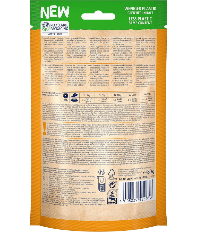 Vitakraft Pure Lamb Bonas packaging for lamb dog treats, informative label featuring recyclable packaging details, 80g.