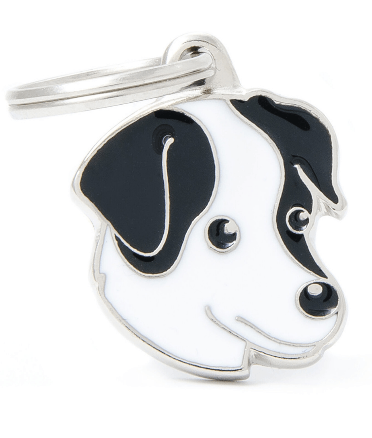 My Family - Black & White Jack Russell Face ID Tag, Personalized Engraving, For Dogs - 2.1 x 2.2cm