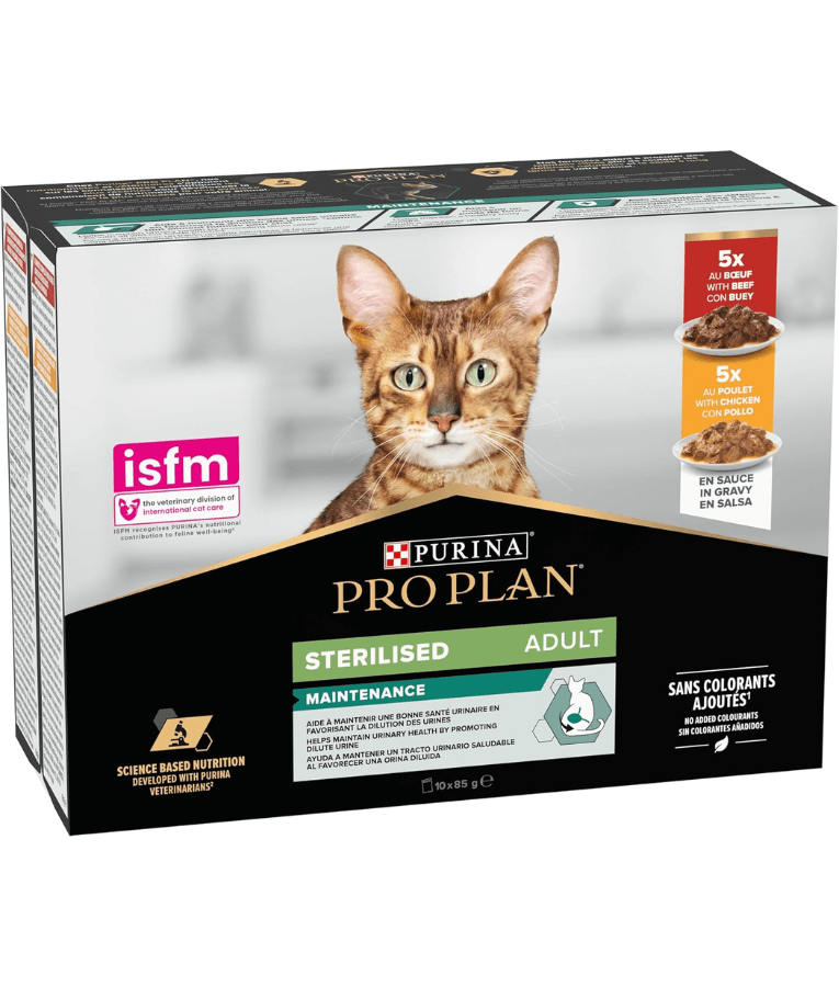 Purina - Pro Plan, Sterilised Adult Wet Cat Food, Chicken & Beef in Gravy - 10 pouches x 85g
