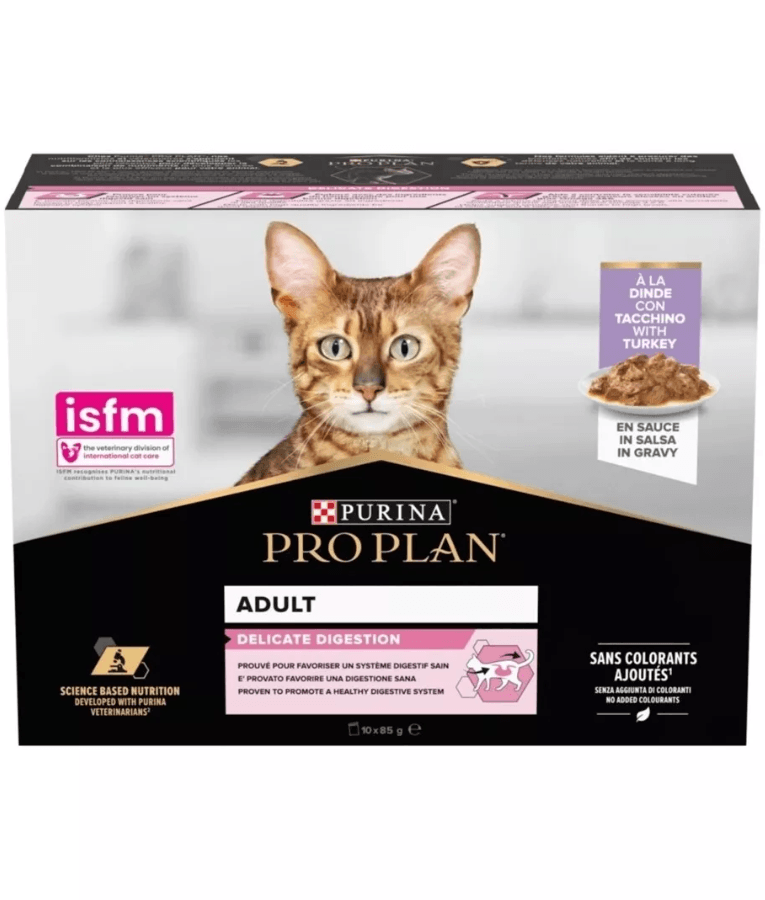 Purina - Pro Plan, Adult Delicate Digestion Wet Cat Food, Turkey in Gravy - 10 pouches x 85g