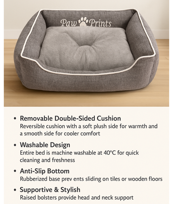 King Queen Beds – Paw Prints Washable Pet Bed with Double-Sided Cushion, Anti-Slip Bottom – Gray 75x62x16 cm
