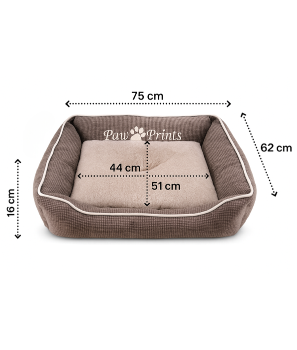 King Queen Beds – Paw Prints Washable Pet Bed with Double-Sided Cushion, Anti-Slip Bottom – Gray 75x62x16 cm
