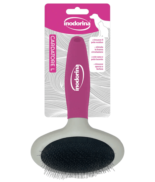 Inodorina - Grooming Carding Brush for Cats & Dogs, Medium Size with Curved Stainless Steel Teeth - L6 x 4.8W x 5H cm