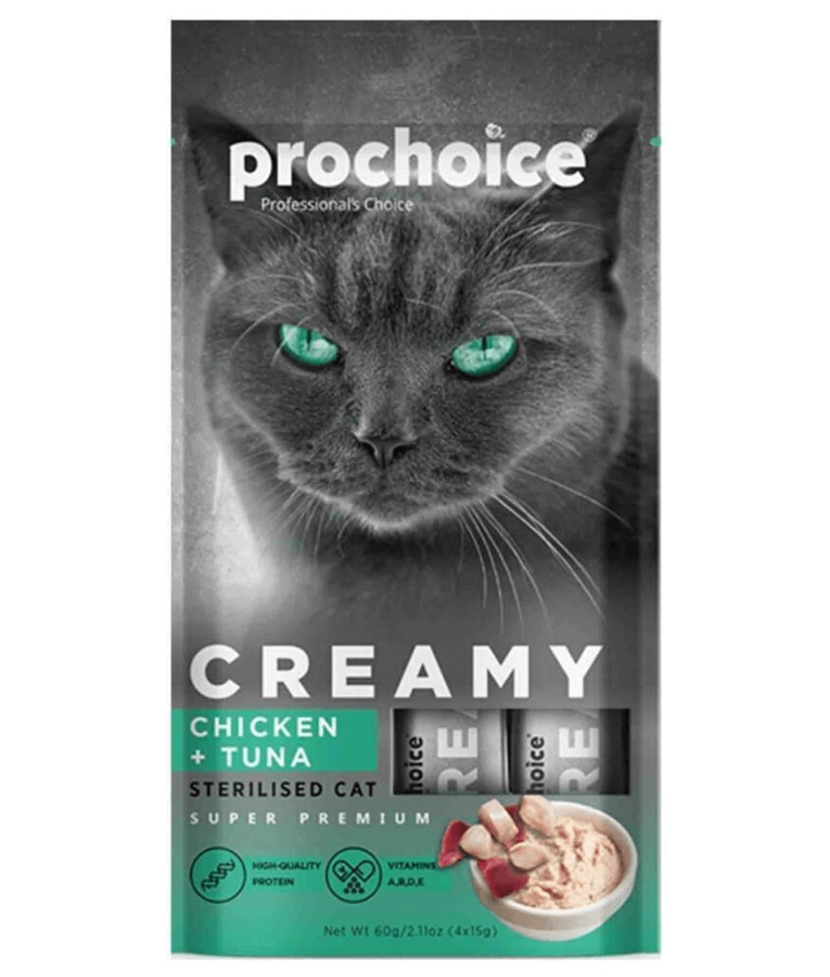Prochoice - Creamy Sterilized Lickable Treats, High Protein, Chicken & Tuna - 4 Tubes x15g