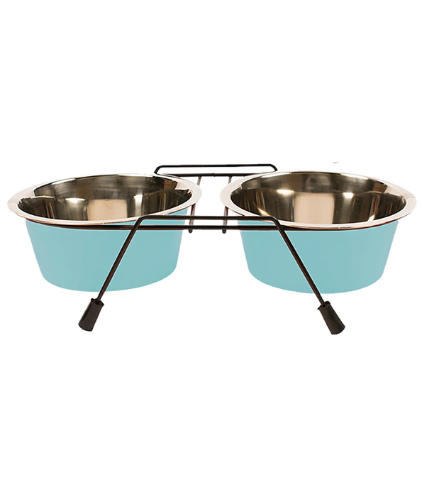 Duvo - Twin Feeders Dinner Set Wire Stand Bowl Blue