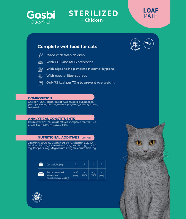 Gosbi - DeliCat, Chicken Sterilized Complete Adult Wet Cat Food – Loaf Pâté, Grain-Free, Low-Calorie – 70g