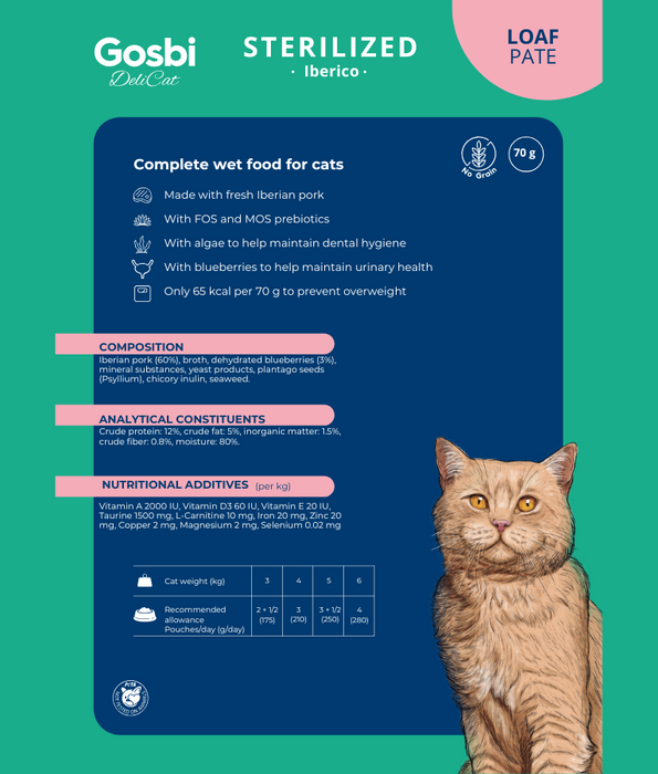 Gosbi - DeliCat, Iberico Pork Sterilized Complete Adult Wet Cat Food – Loaf Pâté, Grain-Free, Low-Calorie – 70g