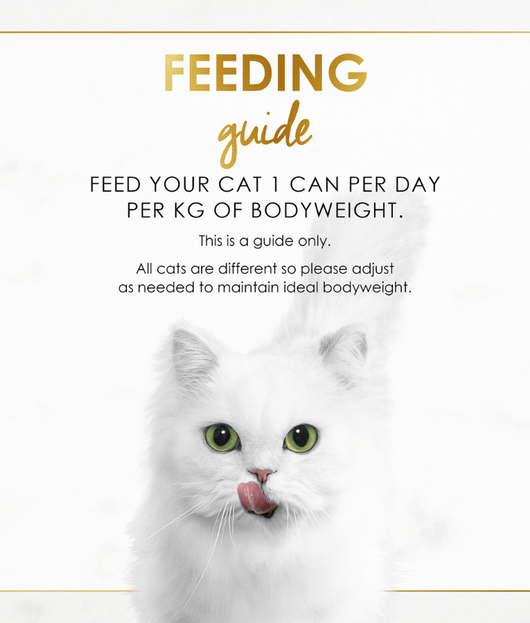 Feeding guide for cats: Feed your cat 1 can per day per kg of bodyweight. Adjust as needed for ideal bodyweight.