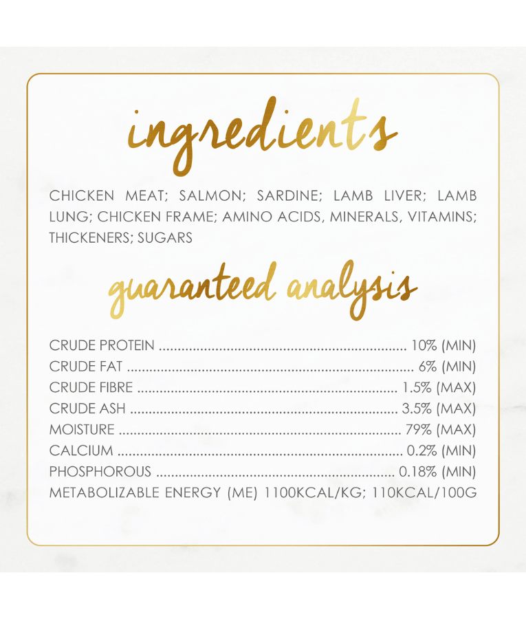 Ingredients and guaranteed analysis for Purina Fancy Feast - Classic Paté Gravy Lovers Gourmet Cat Food - Savoury Salmon, All Life Stages.