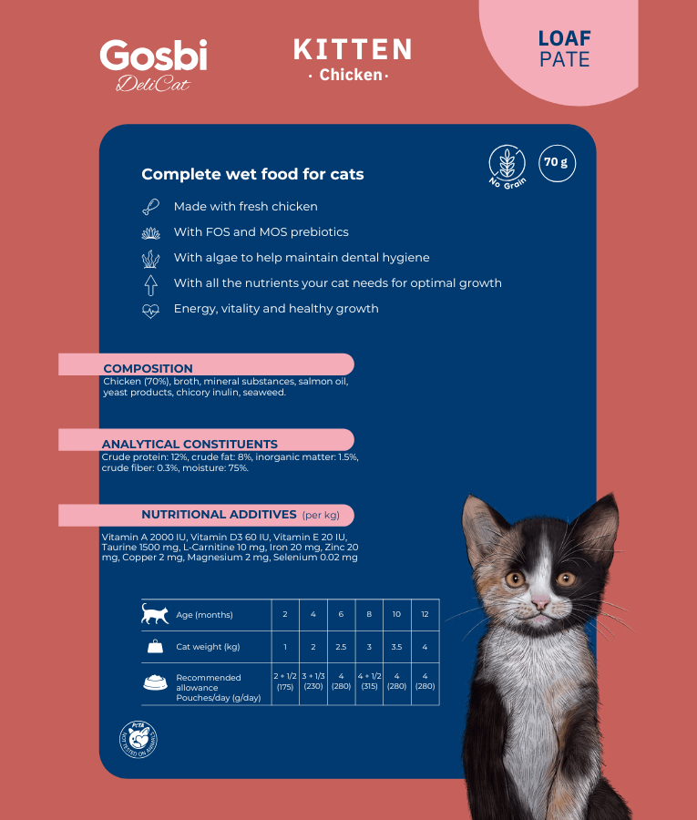 Gosbi - DeliCat, Chicken Kitten Complete Wet Cat Food – Loaf Pâté, Grain-Free, Energy-Rich – 70g