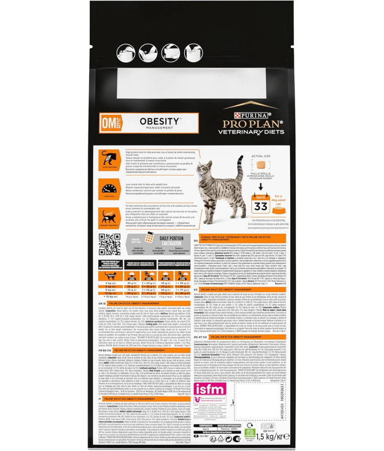 Purina - Pro Plan, Veterinary Diets, Obesity Management Dry Cat Food, High Protein, Low Calorie for Healthy Weight Loss - 1.5 kg