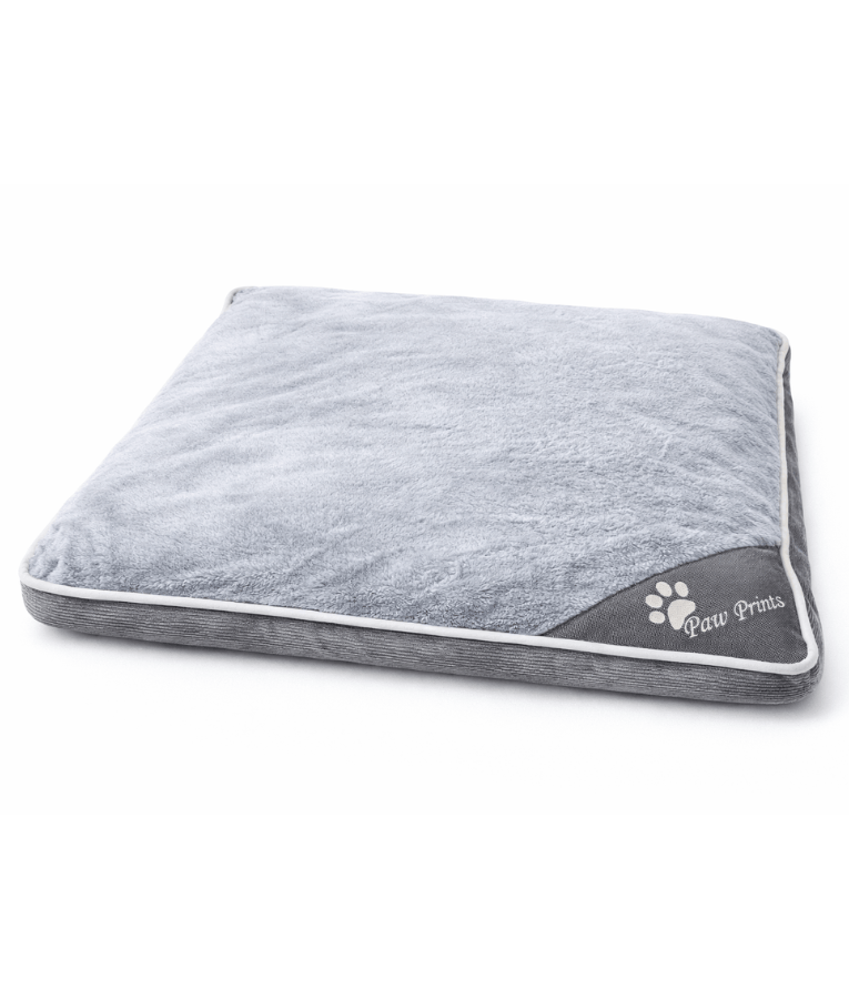 King Queen – Paw Prints Plush Pillow Dog Bed, Removable Washable Cover – 90 × 67 × 12 cm in soft gray material.