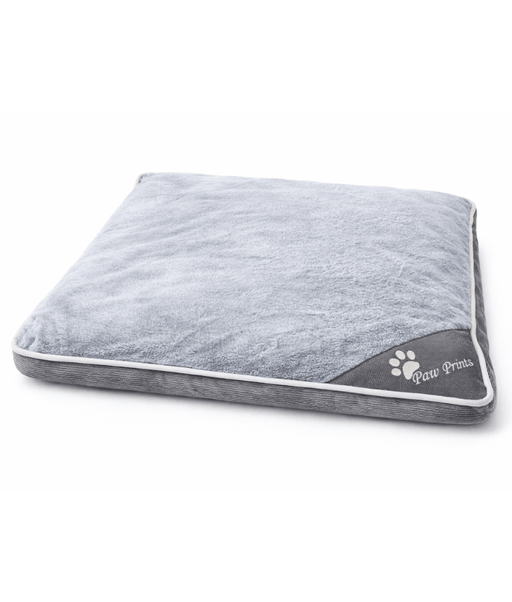 King Queen – Paw Prints Plush Pillow Dog Bed, Removable Washable Cover – 90 × 67 × 12 cm in soft gray material.