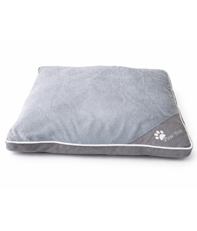 King Queen – Paw Prints Plush Pillow Dog Bed, Removable Washable Cover – 90 × 67 × 12 cm in cozy gray design.