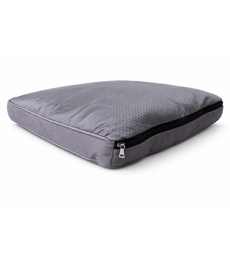 King Queen – Paw Prints Orthopedic Pet Bed, Removable Cover – Dogs & Cats – 65 × 50 × 10 cm side view of gray cushion