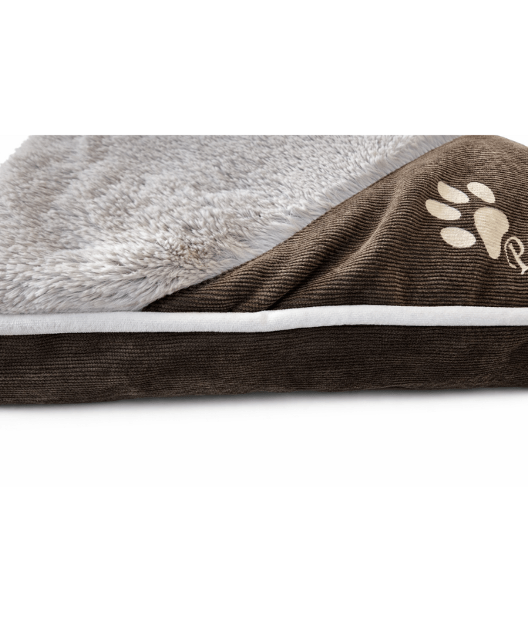 Paw Prints – Grey & Brown Plush Pillow Dog Bed, Faux Fur, Removable Washable Cover – 90 x 65 x 10 cm side view showing plush texture.