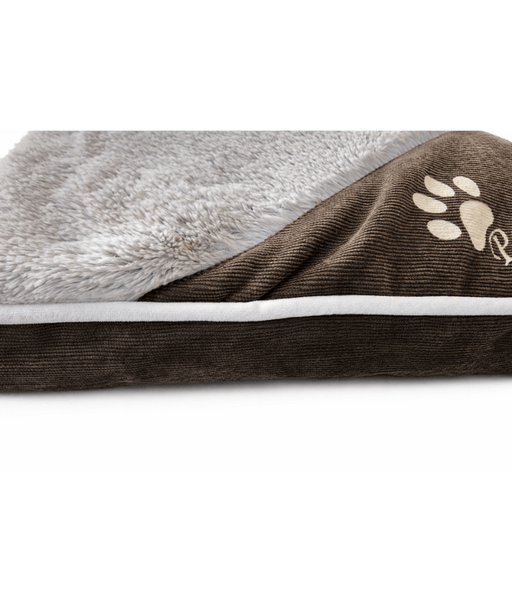 Paw Prints – Grey & Brown Plush Pillow Dog Bed, Faux Fur, Removable Washable Cover – 90 x 65 x 10 cm side view showing plush texture.