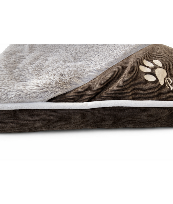 Paw Prints – Grey & Brown Plush Pillow Dog Bed, Faux Fur, Removable Washable Cover – 90 x 65 x 10 cm