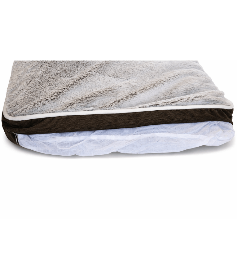 Paw Prints – Grey & Brown Plush Pillow Dog Bed, Faux Fur, Removable Washable Cover – 90 x 65 x 10 cm, zippered cover detail.