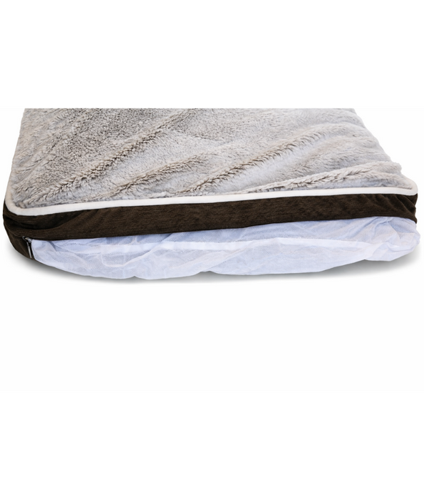 Paw Prints – Grey & Brown Plush Pillow Dog Bed, Faux Fur, Removable Washable Cover – 90 x 65 x 10 cm