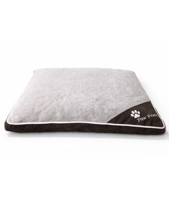 Paw Prints – Grey & Brown Plush Pillow Dog Bed, Faux Fur, Removable Washable Cover – 90 x 65 x 10 cm
