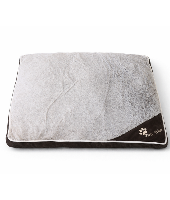Paw Prints – Grey & Brown Plush Pillow Dog Bed, Faux Fur, Removable Washable Cover – 90 x 65 x 10 cm
