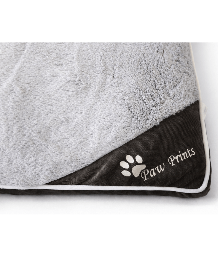 Paw Prints – Grey & Brown Plush Pillow Dog Bed, Faux Fur, Removable Washable Cover – 90 x 65 x 10 cm close-up
