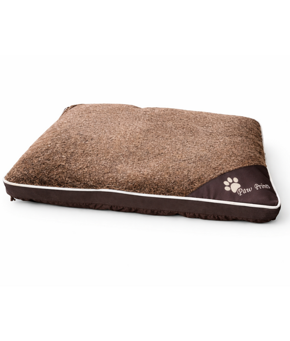 Paw Prints – Brown Plush Pillow Dog Bed, Faux Fur, Removable Washable Cover – 90 x 65 x 12 cm
