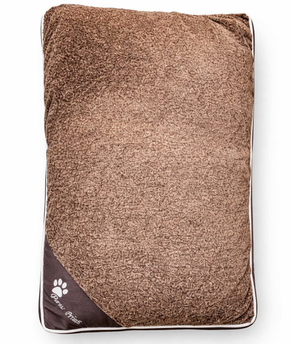 Paw Prints – Brown Plush Pillow Dog Bed, Faux Fur, Removable Washable Cover – 90 x 65 x 12 cm