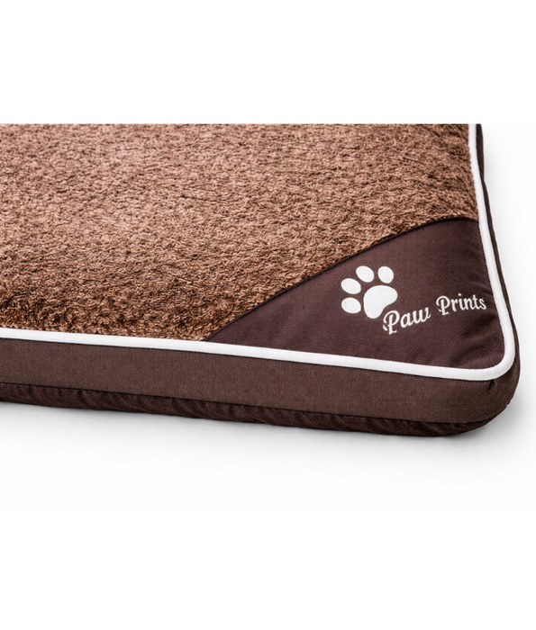 Paw Prints – Brown Plush Pillow Dog Bed, Faux Fur, Removable Washable Cover – 90 x 65 x 12 cm