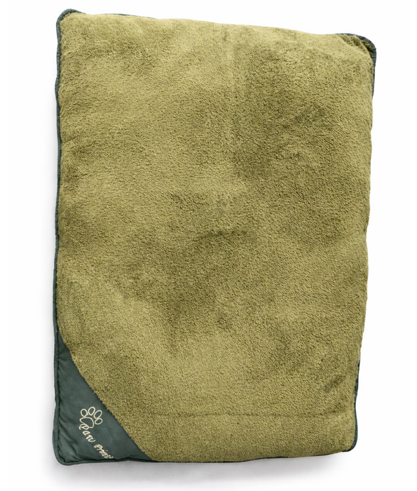 King Queen – Paw Prints Plush Dog Bed, Olive Green & Dark Green, Removable Washable Cover – 90 × 65 × 12 cm