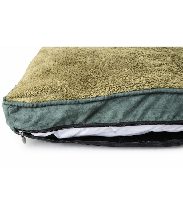 King Queen – Paw Prints Plush Dog Bed, Olive Green & Dark Green, Removable Washable Cover – 90 × 65 × 12 cm